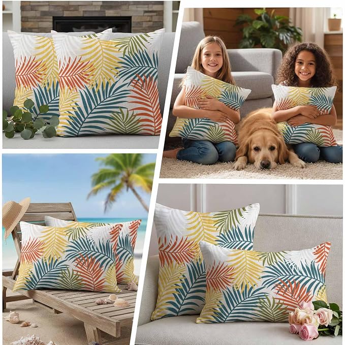 Outdoor Waterproof Throw Pillow Covers, Orange Green Yellow Palm Leaves Decorative Pillow Cases, Summer Botanical Tropical Leaf Couch Pillow Protector Patio Sofa Cushion Covers 20"x12" 2 Pack