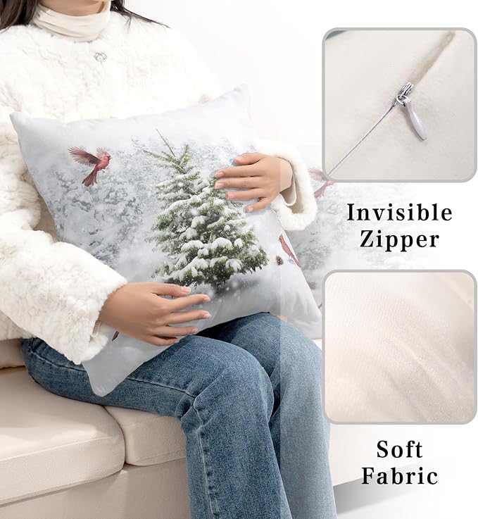 Winter Pillow Covers 16x16 Set of 2 Snowy Pine Trees Decorative Pillow Covers Natural Forest Cardinal Birds Pillow Case for Living Room Patio Couch