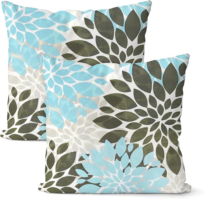 M METERXITY 2-Pack Pillow Cover 20x20 Linen, Blue Brown Gray | Water Resistant Floral Decor Slipcover, for Patio, Balcony, Garden, Outdoor Pillow Case