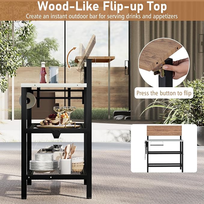 Giantex Outdoor Bar Table with Flip-Up Top & Foldable Side Table, 4-Tier Grill Stand with Storage Shelves, Hooks, Paper Towel Holder, Patio Kitchen Island Food Prep Cooking Station