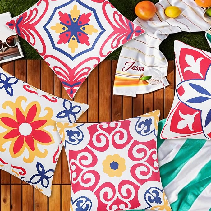 Pyonic 4th of July Outdoor Pillows Waterproof Throw Pillow Covers Set of 4 Red Blue White Floral Printed Patriotic Outdoor Pillow Covers for Patio Funiture Garden 18x18 Inch-Double Side
