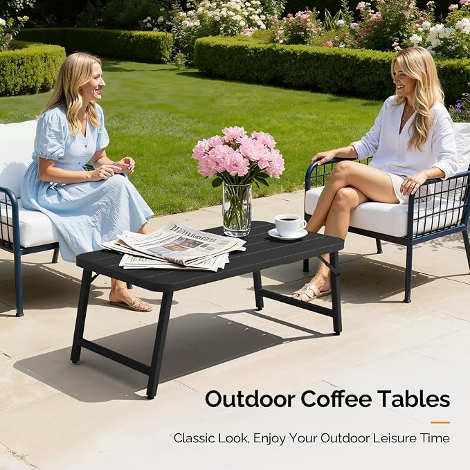 VINGLI Outdoor Folding Coffee Table, Rectangle Drainable Iron Patio Table for Balcony, Porch, and Living Room, Black