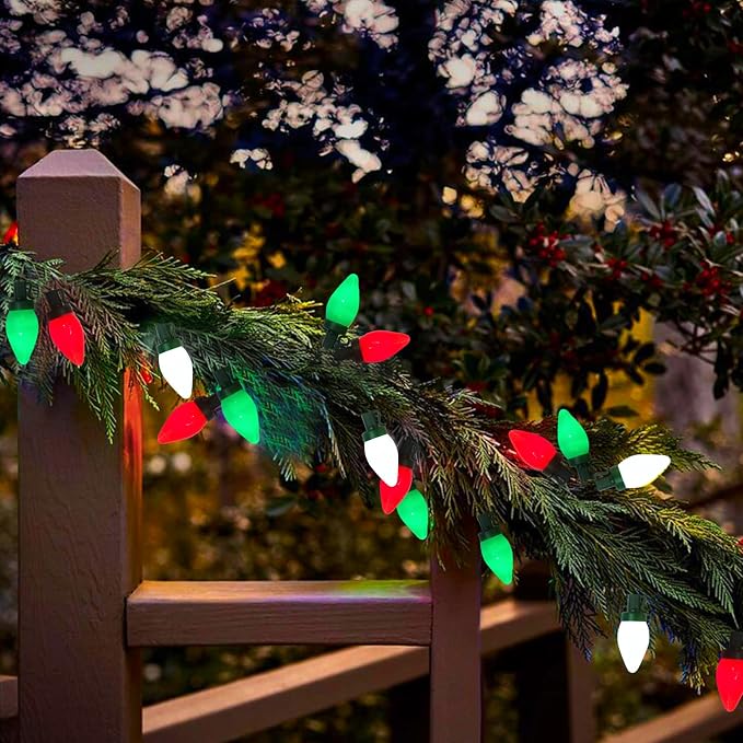 C9 LED Red White and Green Chistmas Lights, 25Ft Vintage Christmas Light 25 LED Red White Green String Lights Xmas Tree Light for Holiday Path Roofline Patio Party Wedding Xmas Decoration