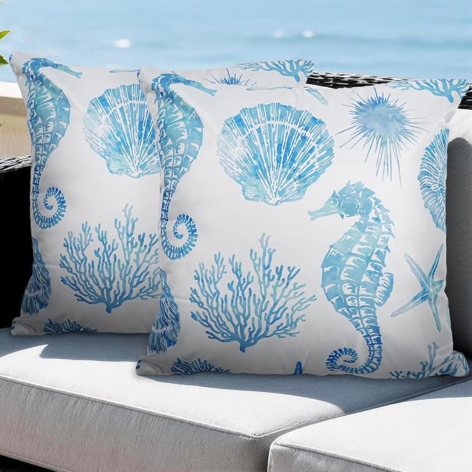 cygnus Coastal Outdoor Pillow Covers 18x18 inch Waterproof Seahorse Seashell Coral Beach Nautical Throw Pillow Covers for Patio Furniture Garden Bench Porch Sofa Couch Summer Decor Set of 2,Blue