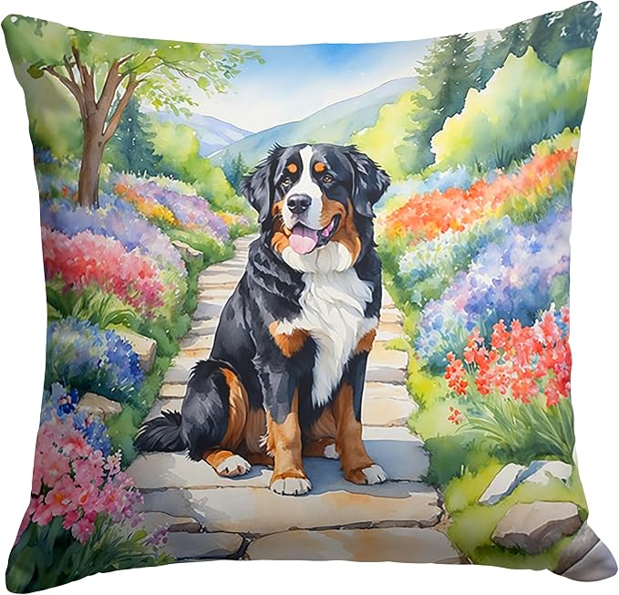 Caroline's Treasures Bernese Mountain Dog Spring Path Throw Pillow Machine Washable, Indoor Outdoor Decorative Pillow for Couch, Bed or Patio, 18Hx18W