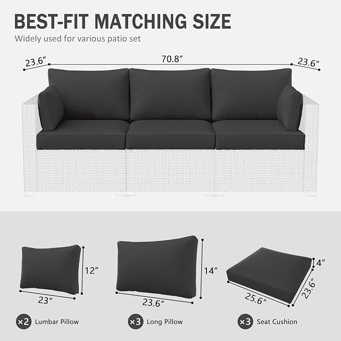 Outdoor Furniture Replacement Cushions, Waterproof Patio Furniture Cushions, 4" Deep Seat Outdoor Sectional Cushion for 3-Seat Outdoors Rattan Sofa Patio Sofa Cushion, Grey