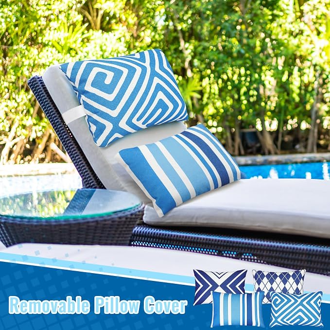 Juexica 4 Pack Chaise Lounge Headrest Pillow, Decorative Outdoor Patio Neck Headrest Pillow, Adjustable Elastic Strap & Insert, Waterproof for Pool Recliner Hammock Beach Chair(Blue & White, Stylish)