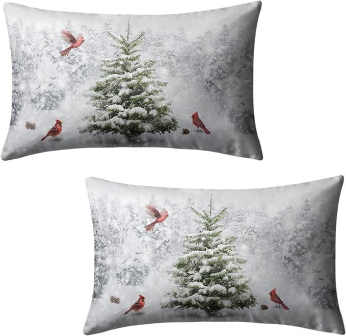 Winter Christmas Lumbar Pillow Covers 12x20 Set of 2 Snowy Natural Forest Rectangle Pillowcase Green Pine Tree with Cardinal Birds Waist Cushion Case for Couch Living Room Patio