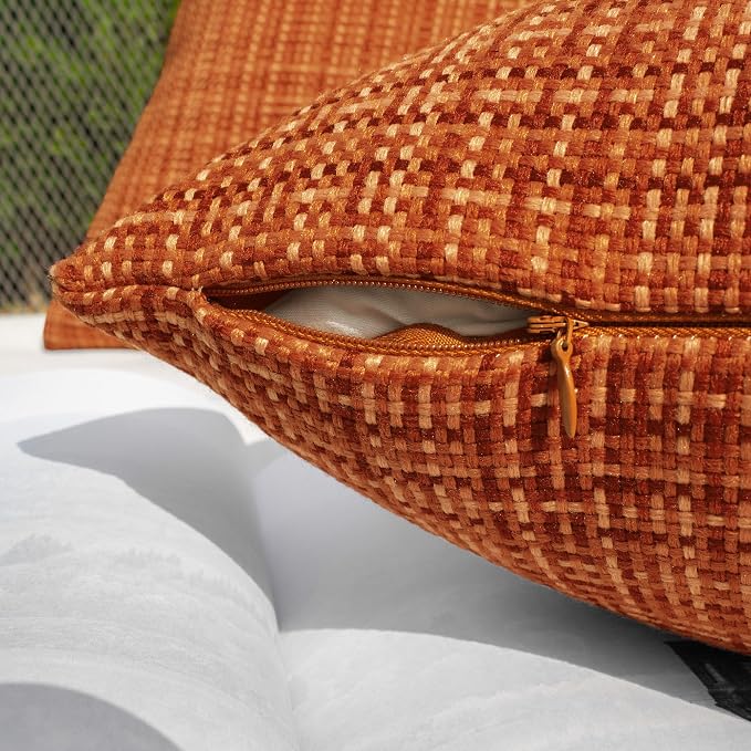 Kevin Textile Outdoor Waterproof 14"x24" Pillow Covers 2 Pack, Burnt Orange | Fall Water Resistant, Faux Linen Yarn-dyed, Woven Texture Throw Pillow Covers for Tent Patio Garden Couch Sofa