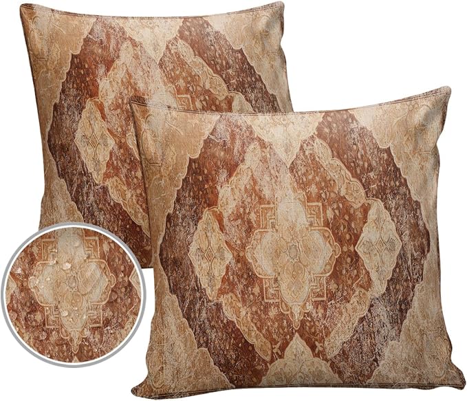 Outdoor Waterproof Pillow Covers Set of 2, Meddle Century Vintage Brown Mural Pattern Patio Throw Pillow Covers, Decorative Cushion Case for Couch Sofa Furniture Garden, 24x24 Inch