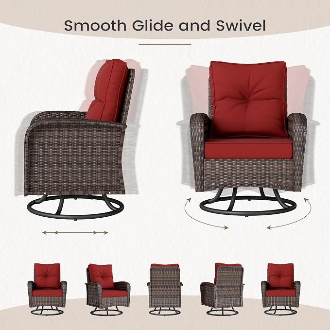 Kromax Outdoor Patio Furniture Set, All-Weather Wicker Swivel Glider Chairs Set of 2 with Coffee Table Table & Thick Machine Washable Cushions for Backyard, Garden, Porch, Brown/Red