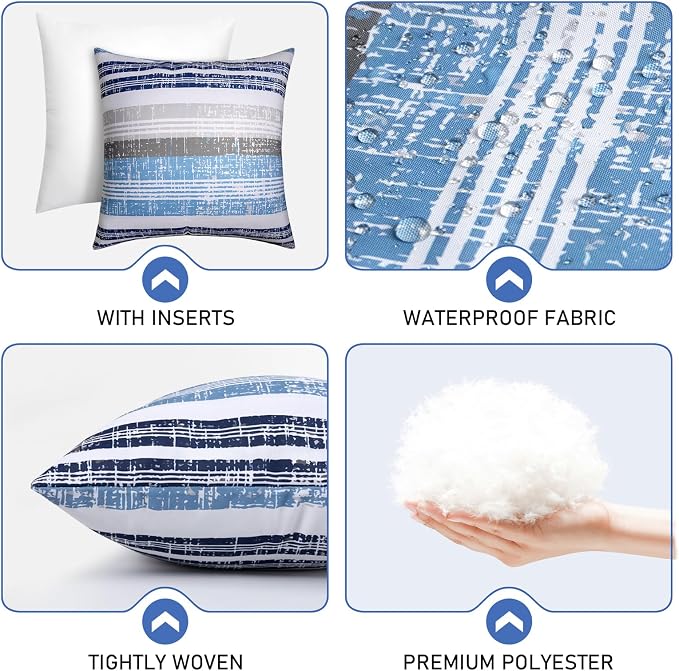 18x18 Waterproof Outdoor Pillows, Set of 2 Outdoor Throw Pillows | Patio Furniture Pillows, Fluffy Decorative Pillows, Waterproof &Fade Resistant, Removable & Washable, Stripe Blue White