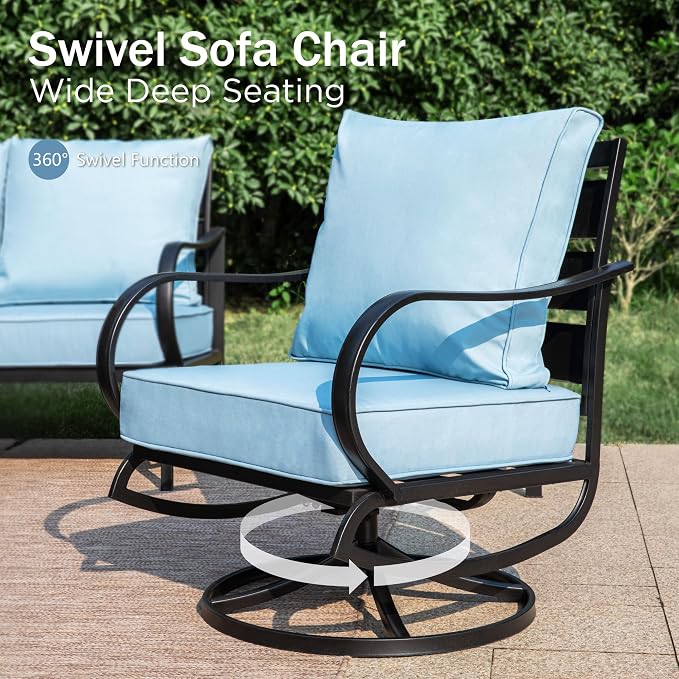 PHI VILLA 7 PCS Patio Furniture Set,Metal Outdoor Furniture with 1x 3 Seater Cushioned Deep Seating Bench Sofa, 2 Swivel Chair, 2 x Leg Sofa Chairs & 2 Ottoman for 7 Person, Light Blue