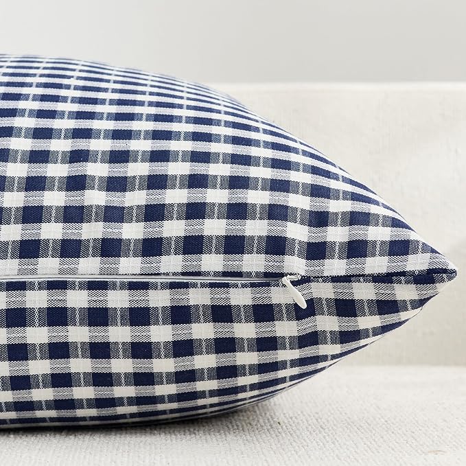 Navy Blue Outdoor Throw Pillow Covers 18x18 Set of 2, Waterproof Plaid Pillow Cases, Modern Farmhouse Gingham Cushion Covers for Couch Patio Garden Living Room