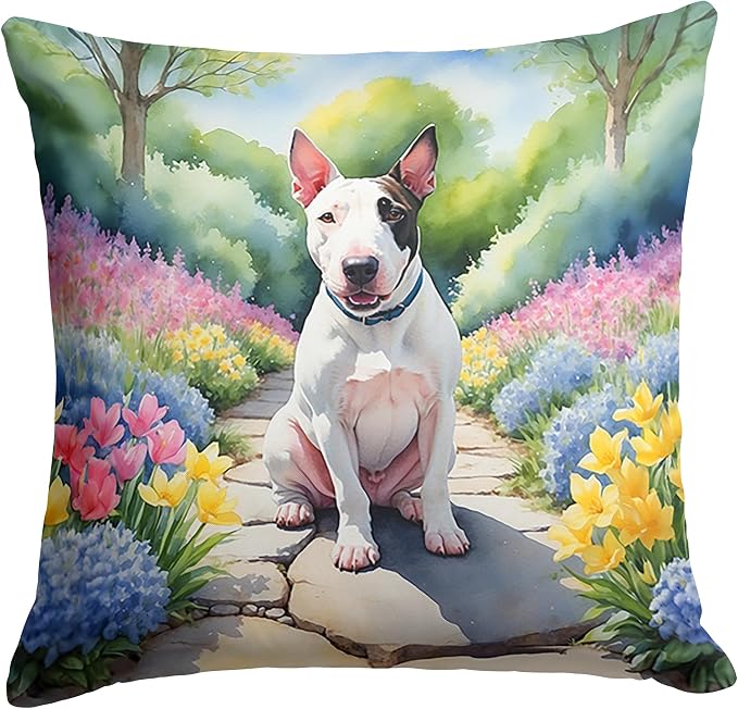 Caroline's Treasures English Bull Terrier Spring Path Throw Pillow Machine Washable, Indoor Outdoor Decorative Pillow for Couch, Bed or Patio, 14Hx14W
