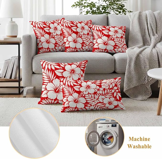 Red Hibiscus Flowers Waterproof Outdoor Pillow Covers Set of 2 Home Decor, Tropical Monstera Leaves Pillowcase Patio Pillow Covers for Couch Bench Patio Furniture Garden 18x18in
