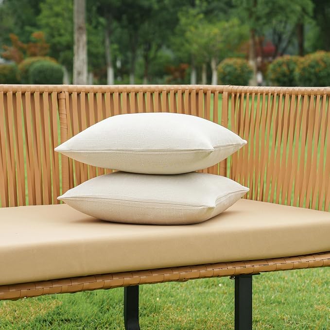 NiNi ALL Waterproof Outdoor Pillow Covers 24x24 Set of 2 Patio Beige | Faux Linen Textured Decorative Solid Throw Pillow Covers Farmhouse for Garden Furniture Tent Balcony Couch Sofa Cushion