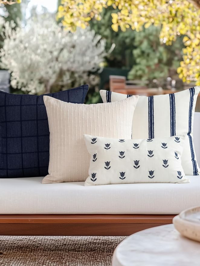 Coastal Linen Indoor Outdoor Throw Pillow Cover Only, 22"x22" Water Repellent for Patio, Backyard, Couch, Neutral Dark Navy Embroidered Stripes