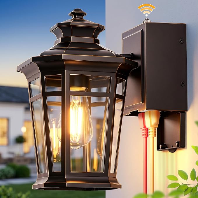 Gleamz Large Exterior Lighting Fixtures with GFCI Outlet, Oil Rubbed Bronze Dusk to Dawn Outdoor Lighting, Outdoor Porch Light for House, Garden, Doorway, Garage, Waterproof, Anti-Rust