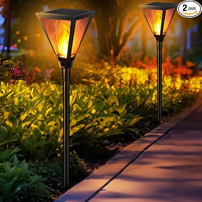 iBaycon 2 Pack 28in Solar Flame Torch Lights Outdoor Landscape Pathway Lamp | Solar Garden Lights Warm White, Flickering Flame Light Outdoor Waterproof for Yard Lawn Pathway Landscape Decorations