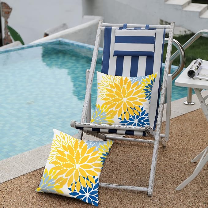 DFXSZ Outdoor Waterproof Pillow Covers 22x22 Set of 2 Yellow Blue Flower | Spring Summer Waterproof Flower Throw Pillowcases（No Inserts）Outdoor Decor for Patio Funiture Garden Polyester Covers