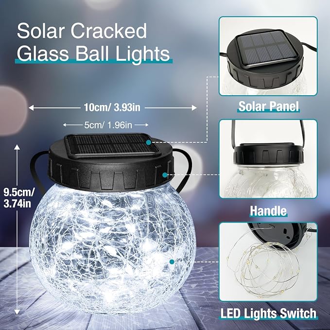 Kolpop Solar Lanterns Outdoor Waterproof 6 Pack, Hanging Solar Lights with 30 LED, Cracked Glass Hanging Globes for Garden Patio Fence Yard Christmas Tree Decoration, Cold White