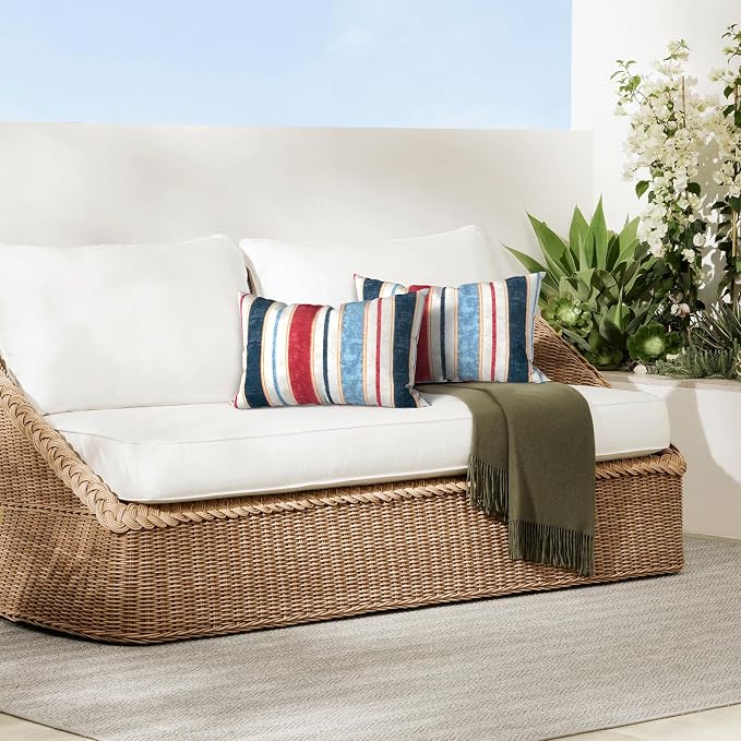 DYTXIII Pack of 2 Outdoor Waterproof Lumbar Pillow Covers ONLY, 12x20 Rectangle Decorative Double Printed Pillow Cases for Patio Couch Porch Furniture - Stripe Red Blue