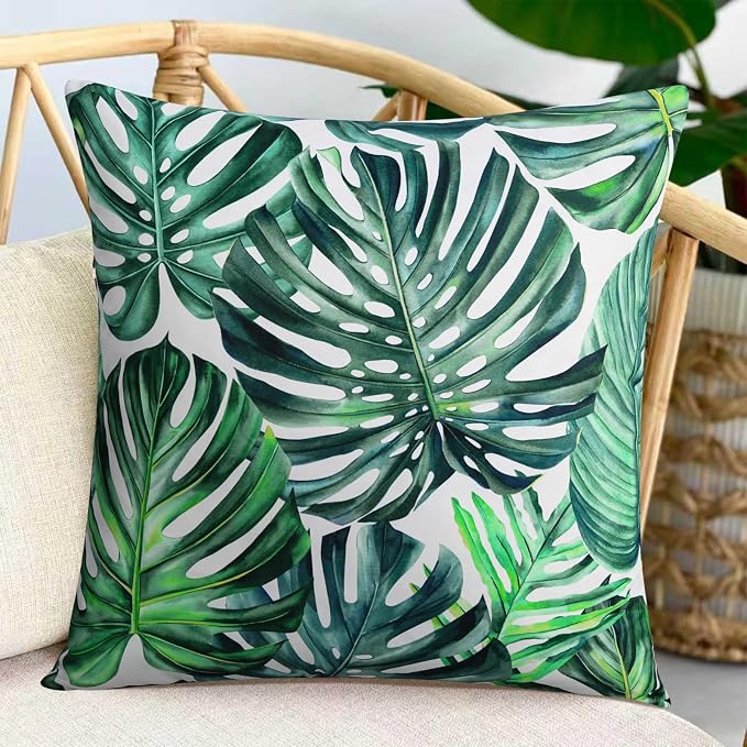 Adabana Outdoor Waterproof Tropical Leaf Pillow Covers 18x18 Inch | Monstera Green Plant Outdoor Pillow Covers Summer Decirative for Patio Furniture Porch Garden Pillows