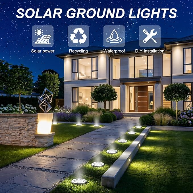 OULONGER 4.6inch Solar Ground Lights 10Packs, Garden Solar Outdoor Waterproof Pathway Bright In-Ground Landscape Lights for Patio, Lawn, Yard, Driveway, Step and Walkway(White Light)