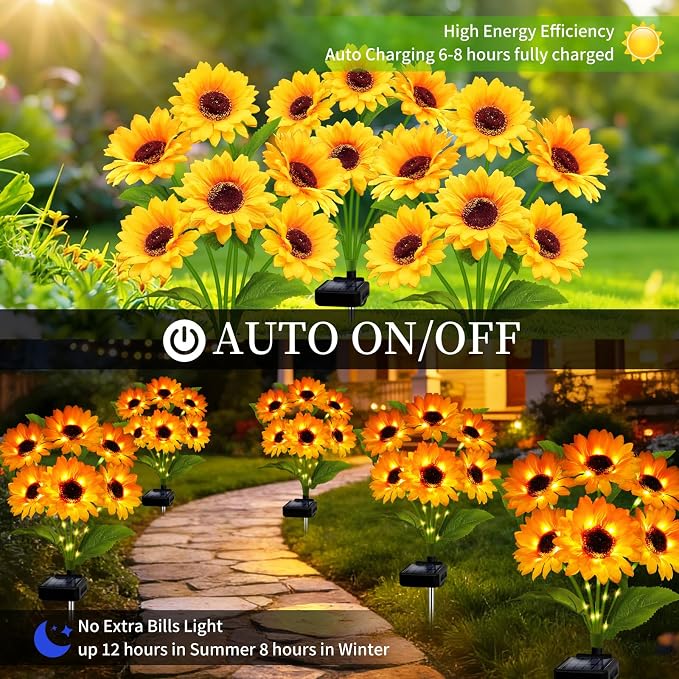 Solar Garden Lights Outdoor, 6 Pack Solar Sunflower Lights with 36 Head 3.5 Inch Flowers, Waterproof Flowers Light Fall Thanksgiving Decorations for Garden Yard Patio Backyard, Gifts for Mom Women