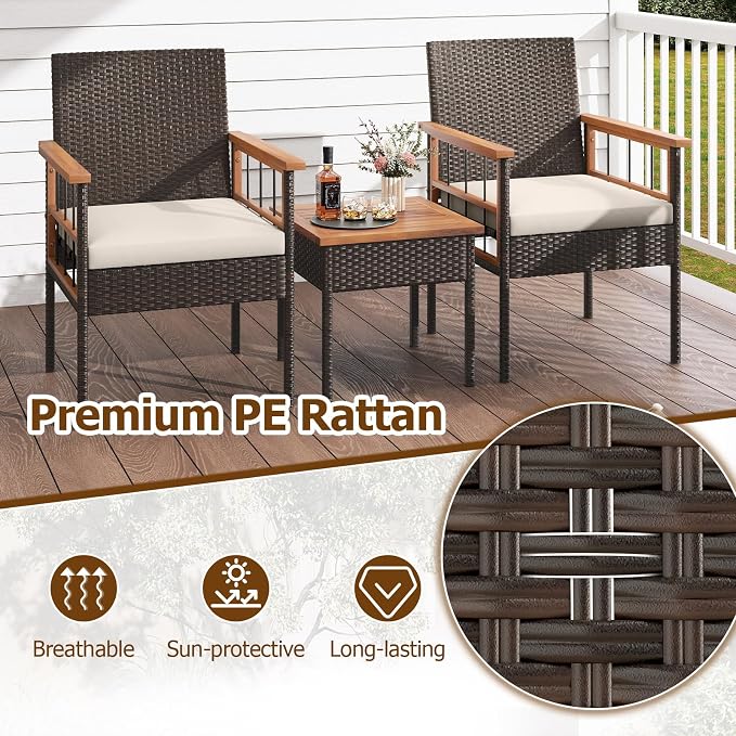 HAPPYGRILL 3 Piece Patio Conversation Set, Outdoor Wicker Furniture Set with Acacia Wood Coffee Table, 2 Rattan Chairs & Cushions, Patio Bistro Set for Porch, Garden, Backyard, Poolside