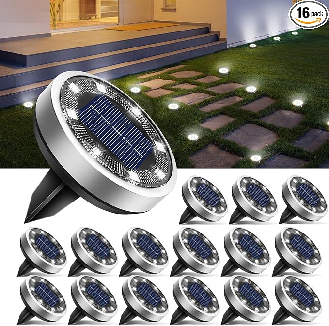 btfarm 16 Pack Solar Lights Outdoor, 8 LED Solar Ground Lights IP65 Waterproof Flat Solar Disc Light, Pathway Lights for Garden Lawn Patio Yard Path Landscape, Cool White