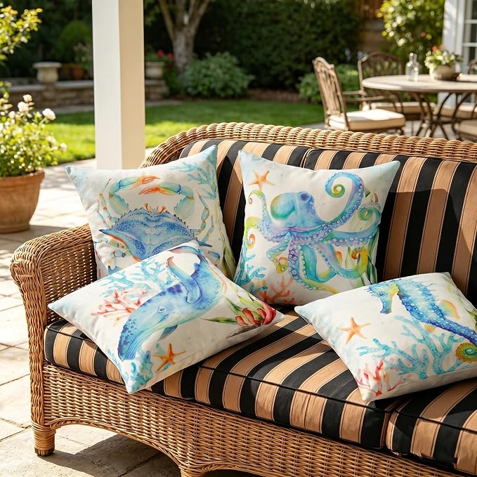 Coastal Outdoor Pillow Covers 18x18 Waterproof, Nautical Beach Throw Pillow | Coastal Room Decor, Nautical Decor for Home, Beach Themed Room Decor, Outdoor Throw Pillows for Beach Chair Porch Patio