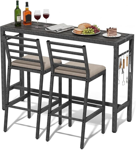 3Pcs Outdoor Patio Bar Set, 55" Rectangular High Top Table and Chairs Set with 2 Cushioned Bar Stools & Cover,Metal Pub Height Bistro Table Set for Balcony, Backyard, Porch, Deck,Garden, Pool