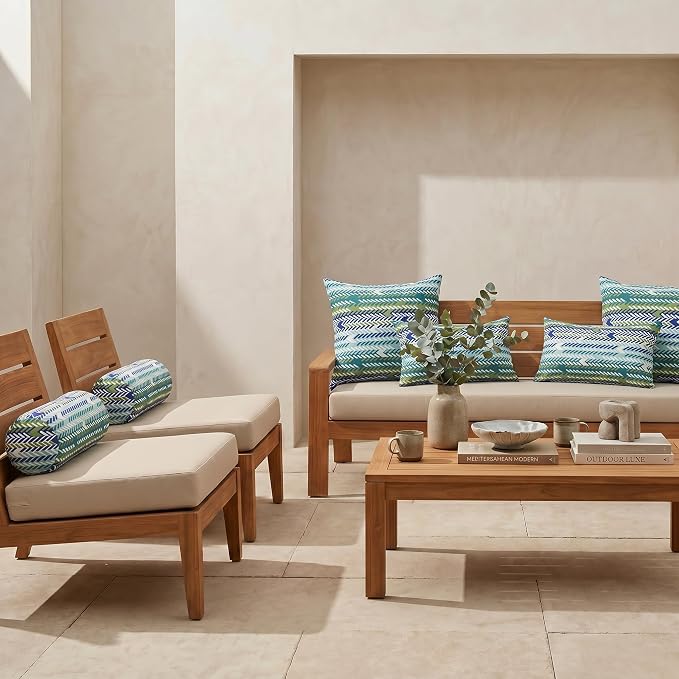 RSH DECOR: 6-Pack Pillow Set | Sunbrella Performance Fabric |Water & Fade-Resistant| 17" Square, 20"x12" Lumbar, 20"x6" Neck Roll | Outdoor Pillows for Patio Furniture | Made in USA (Escape Sky)