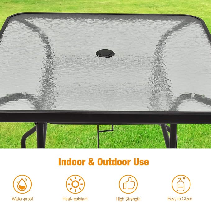 Tangkula 32" Square Outdoor Dining Table with Tempered Glass Top, Outside Bistro Table with 2" Umbrella Hole & Metal Frame, Patio Dining Table for Backyard, Lawn, Deck & Poolside