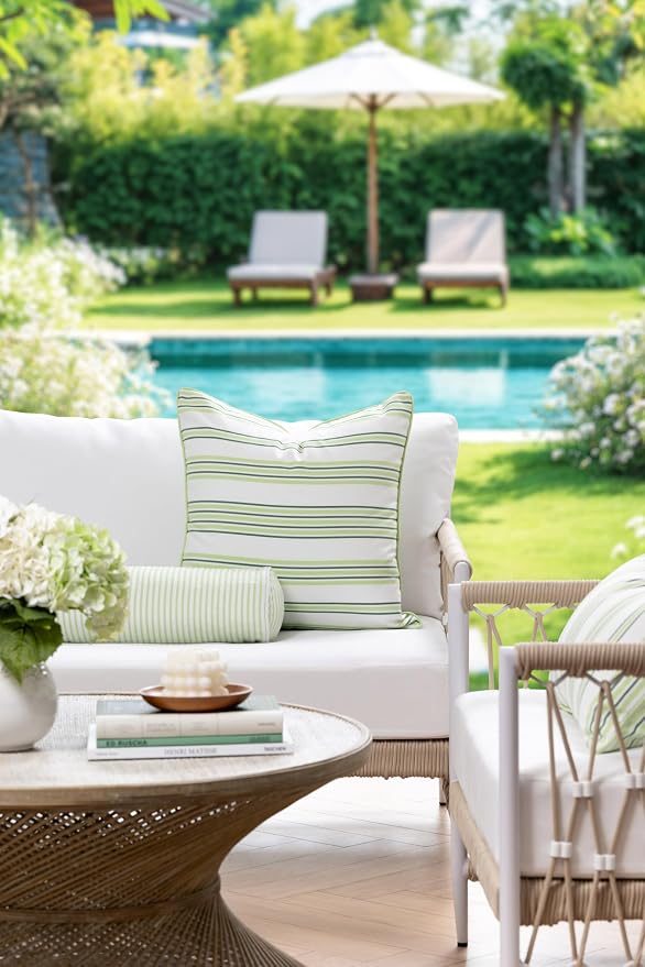 Hofdeco Premium Coastal Hampton Outdoor Performance Bolster Pillow Cover Only, 6"x20" Water Repellent, UV and Fade Resistant for Backyard, Couch, Poolside, Grass Green Woven Coastline Stripes