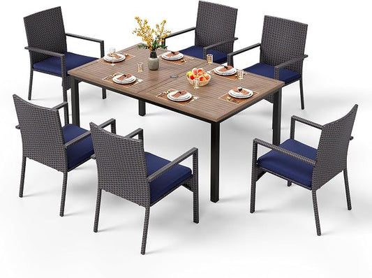 PHI VILLA 7 Piece Patio Dining Set, 64” Wood-Like Table, Rattan Chairs | Outdoor Dining Set for 6, Rectangular Table with Umbrella Hole, Wicker Chairs with Cushions for Patio, Deck, Porch