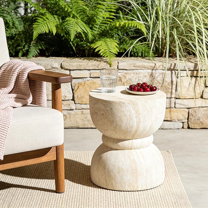 Outdoor Concrete Rounded Waist Outdoor Side End Tables, Decorative Garden Stools for Indoor Imitation Natural Stone Texture Patio Accent Side Table