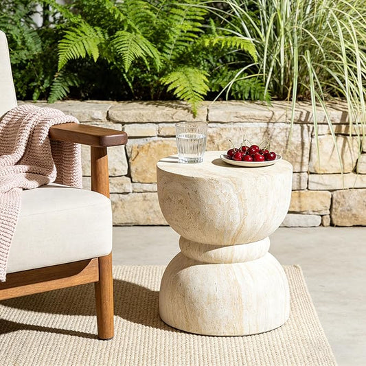 Outdoor Concrete Rounded Waist Outdoor Side End Tables, Decorative Garden Stools for Indoor Imitation Natural Stone Texture Patio Accent Side Table