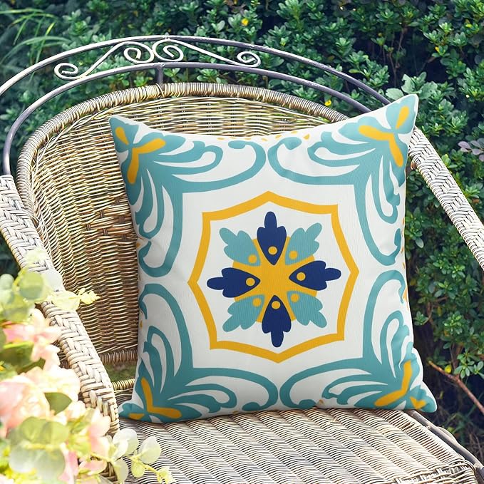 Pyonic Outdoor Pillow Covers 16x16 Spring Summer Garden Waterproof Throw Pillow Covers Cushion Case Patio Pillows for Couch Tent,Set of 4,Blue