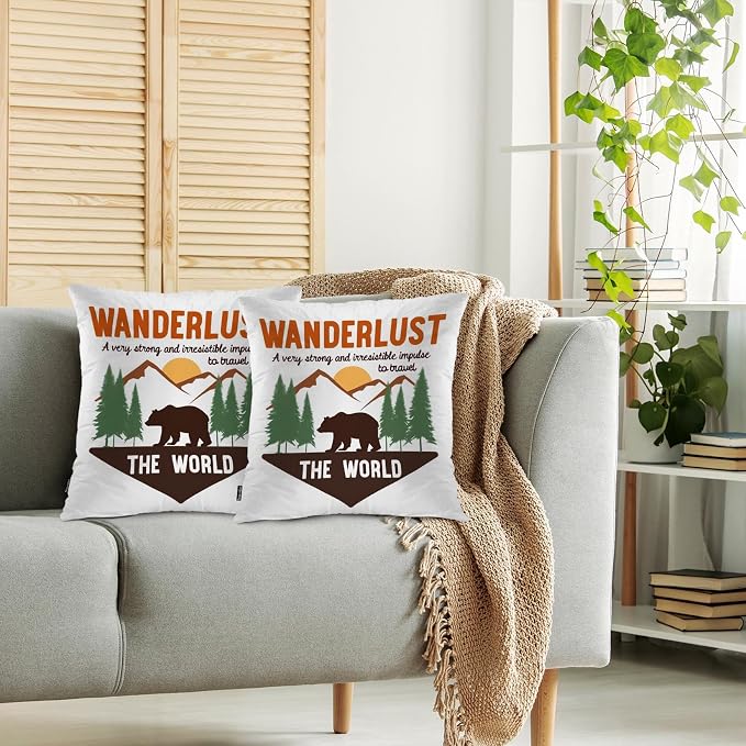 Swono Bear Cozy Pillowcase Cushion Cover, Forest Adventure Bear Wanderlust Sign Decorative Throw Pillows Covers Outdoor Pillow Case for Home Office Dorm Sofa Picnic Car 18" X 18", 2 Pack
