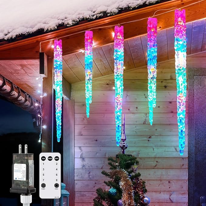 Brightown Icicle Lights Outdoor, 2 Pack Total 40ft 40 Tubes 200 LED Ice Shape String Lights, Connectable Hanging Christmas Decoration Lights for Tree Patio Roof Holiday Decor, Multicolor