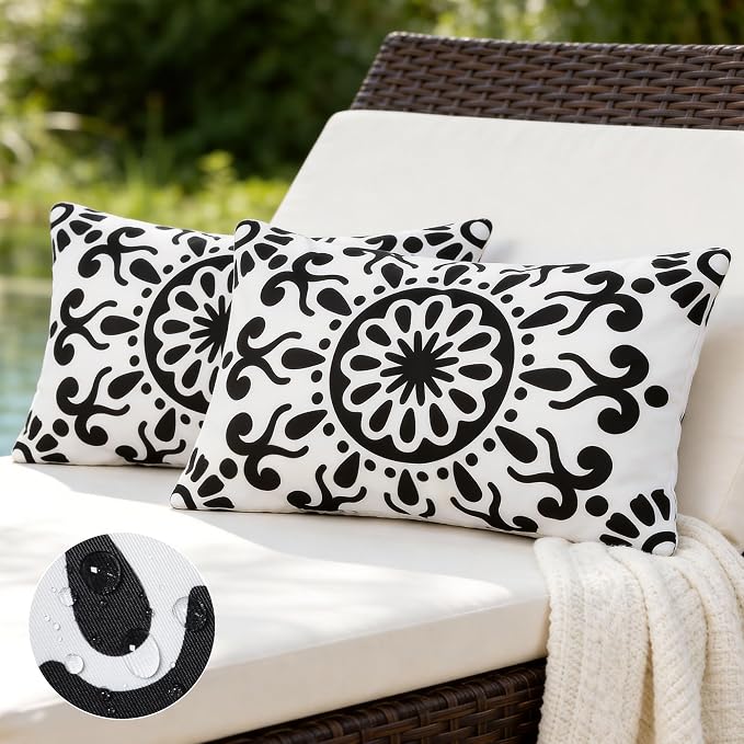 Set of 2 Black Outdoor Waterproof Pillow Covers 12x20 Inch | Morocco Tile Floral Decorative Throw Pillow Cover, Abstract Boho Outdoor Cushion Cases for Patio Funiture Garden Couch Bench