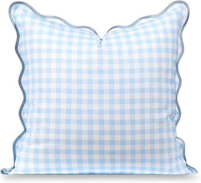 Hofdeco Premium Coastal Hampton Scalloped Patio Indoor Outdoor Throw Pillow Cover Only, 20"x20" Water Repellent for Backyard, Couch, Poolside, Baby Blue Print Gingham