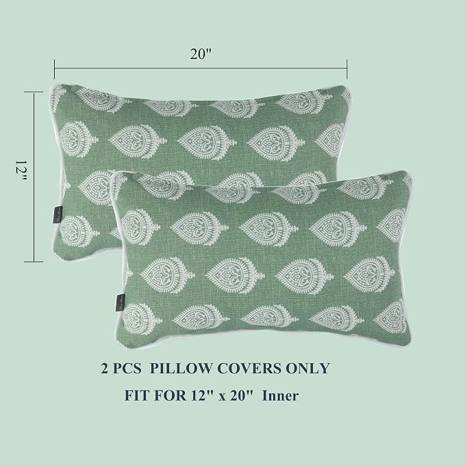 FUNHOME Outdoor Lumbar Pillow Covers 12X20 Inch, No Insert-Fair Green | Patio Lumbar Cases Pack of 2, Water-Repellent, Throw Pillowcase for Couch Garden Furniture