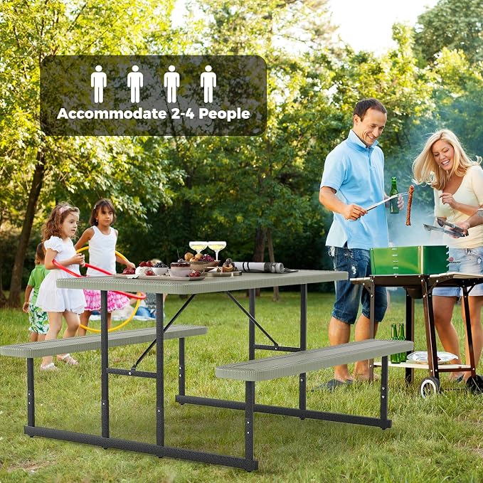 Giantex Picnic Table Bench Set for 4 People, 4.5FT Outdoor Rectangular Dining Table & 2 Benches w/Umbrella Hole, HDPE Tabletop, Metal Frame, Patio Garden Backyard Poolside, Green