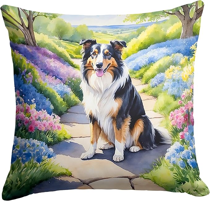 Caroline's Treasures Collie Spring Path Throw Pillow Machine Washable, Indoor Outdoor Decorative Pillow for Couch, Bed or Patio, 14Hx14W