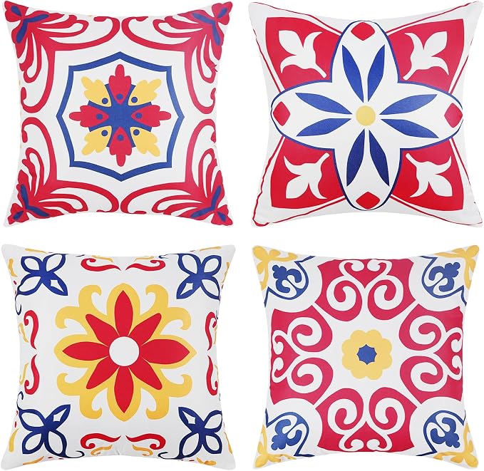 Pyonic 4th of July Outdoor Pillows Waterproof Throw Pillow Covers Set of 4 Red Blue White Floral Printed Patriotic Outdoor Pillow Covers for Patio Funiture Garden 18x18 Inch-Double Side