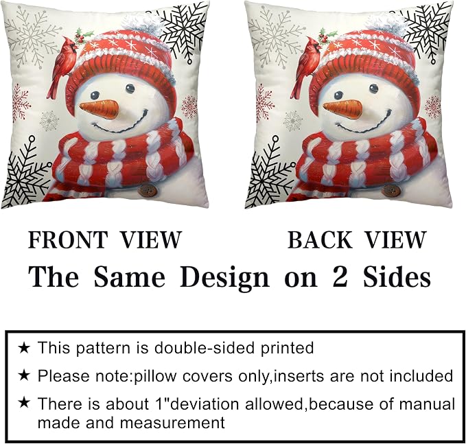 Red Snowman with Cardinal Bird Snowflake Pillow Covers 20x20 Set of 2 Christmas Winter Holiday Throw Pillow Covers Snowman Cushion Case for Living Room Bedroom Sofa